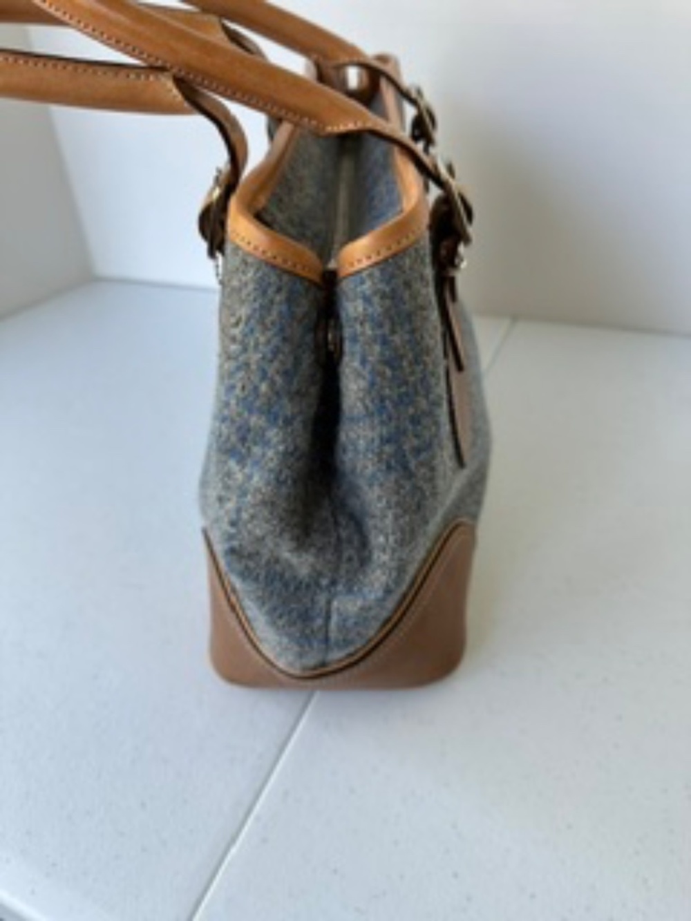 COACH Satchel handbag - Blue/Gray plaid wool and tan leather - Picture 3 of 8